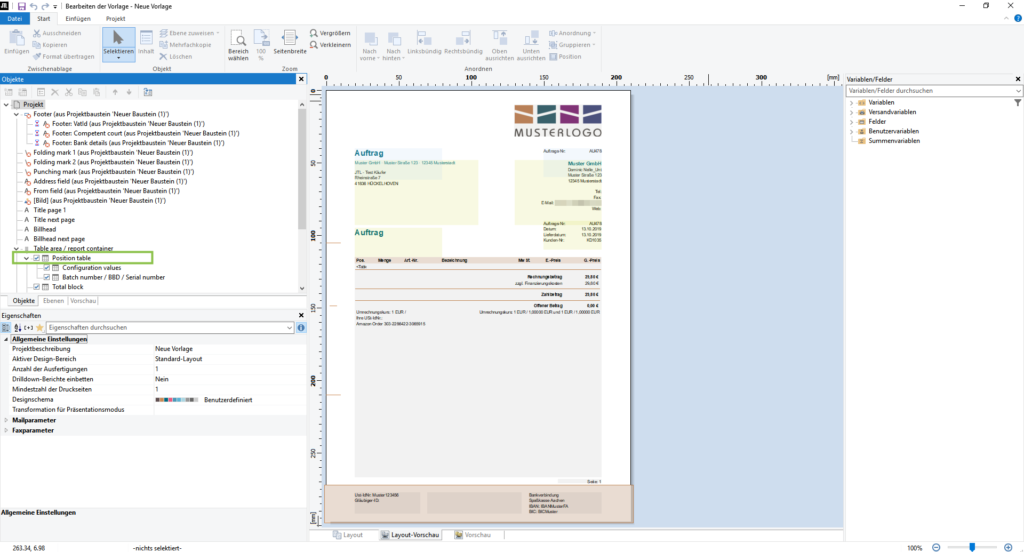Auftragsvorlage im Formulareditor von JTL-Wawi