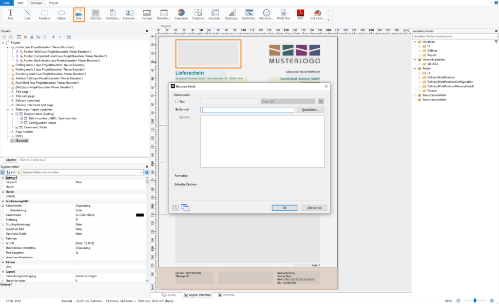 Barcode in die Lieferscheinvorlage einbinden