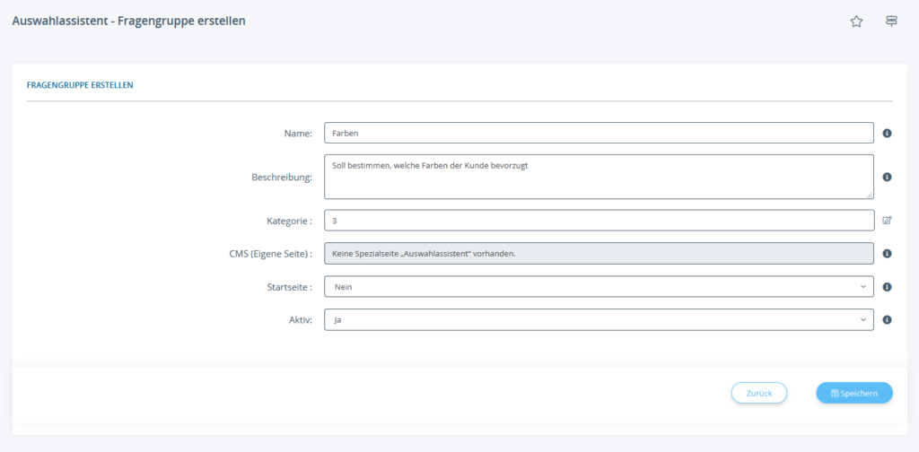 Fragengruppe für den Auswahlassistenten erstellen
