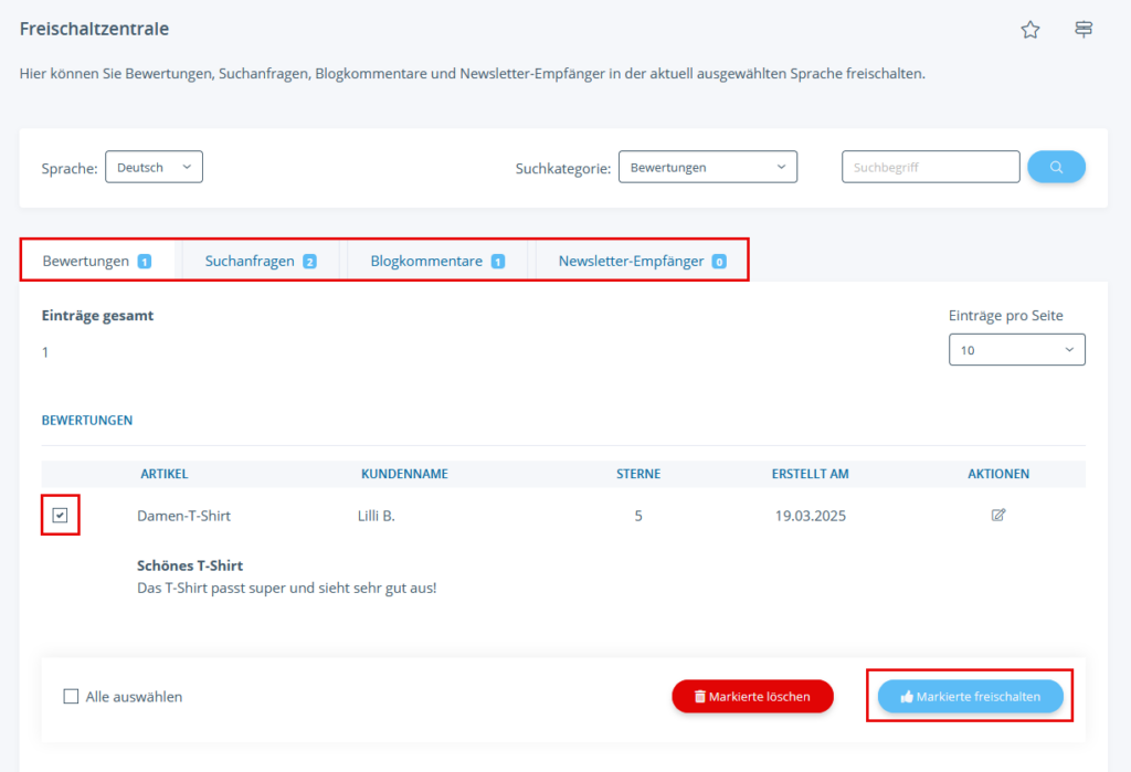 Freischaltzentrale JTL-Shop 5: Markierte freischalten