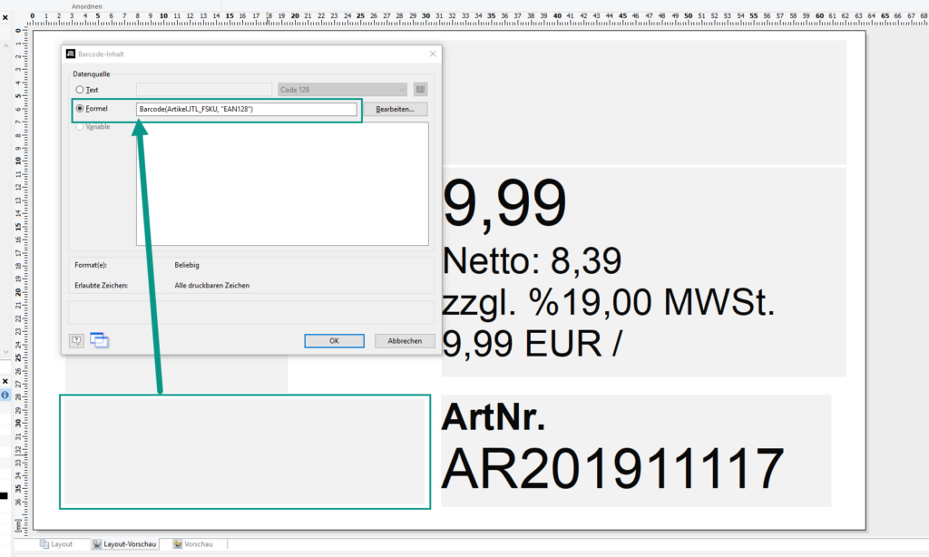 Inserting a JFSKU as a bar code in the item label template