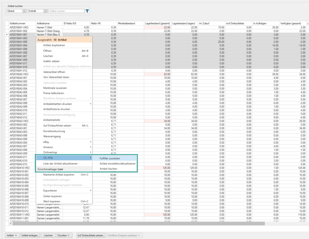 Fulfiller über das Kontextmenü in JTL-Wawi zuweisen