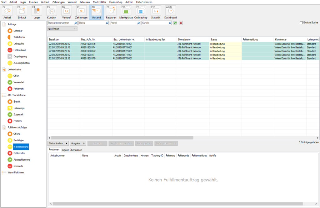 Fulfillment-Aufträge, die sich in Bearbeitung beim Fulfillment-Dienstleister befinden
