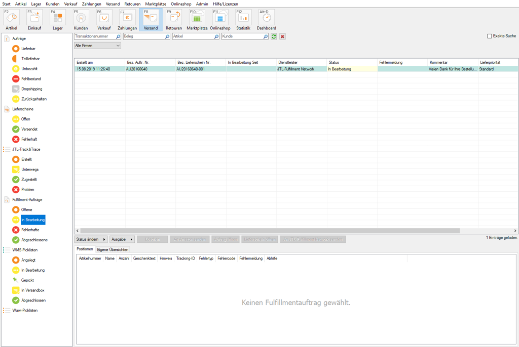 Fulfilment sales orders that are being processed by the fulfilment service provider