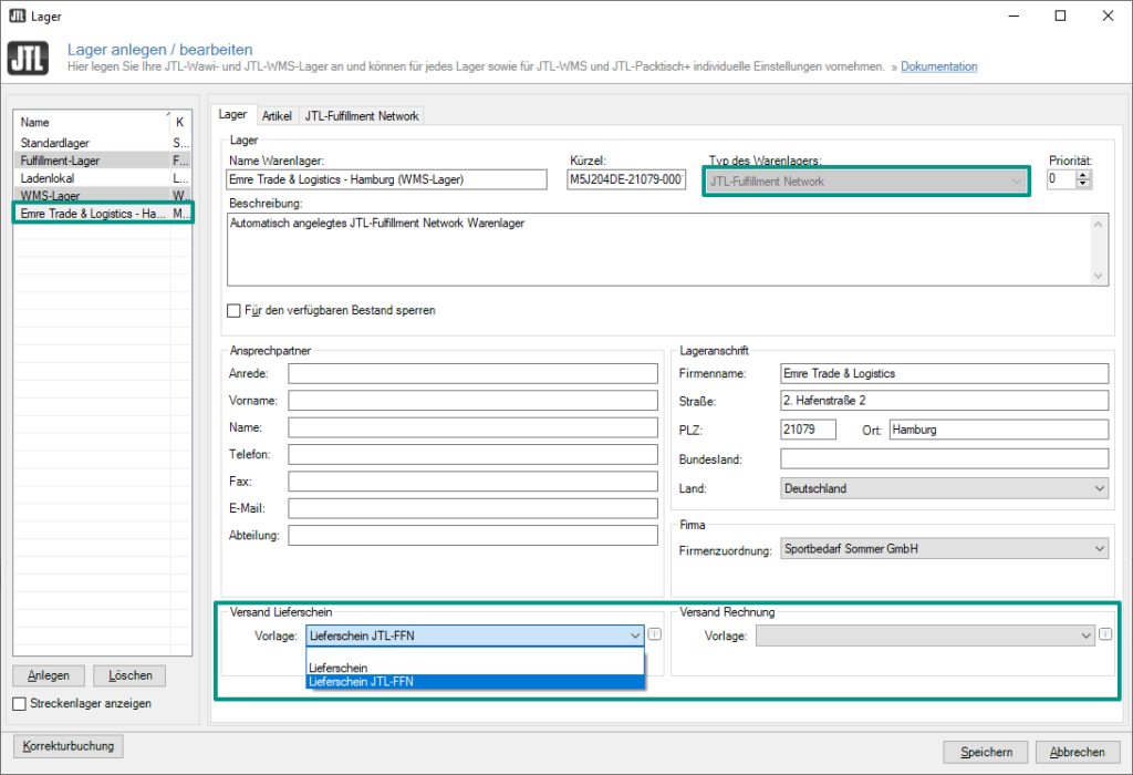 Automatisch erstelltes Fulfillment-Lager in JTL-Wawi