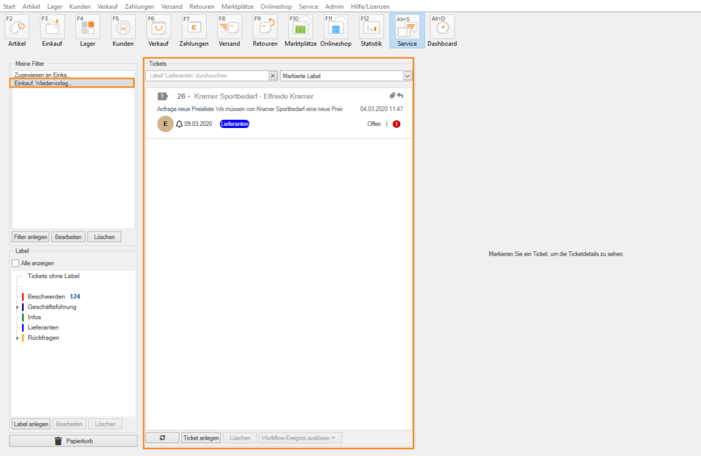 Über einen eigenen Filter gefilterte Tickets
