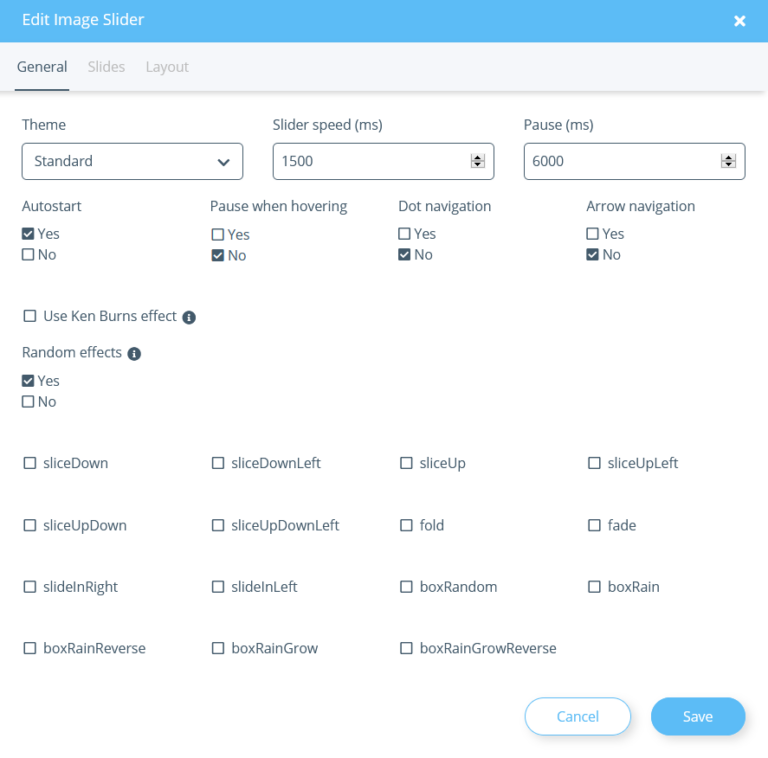 General tab for a slider in the OnPage Composer