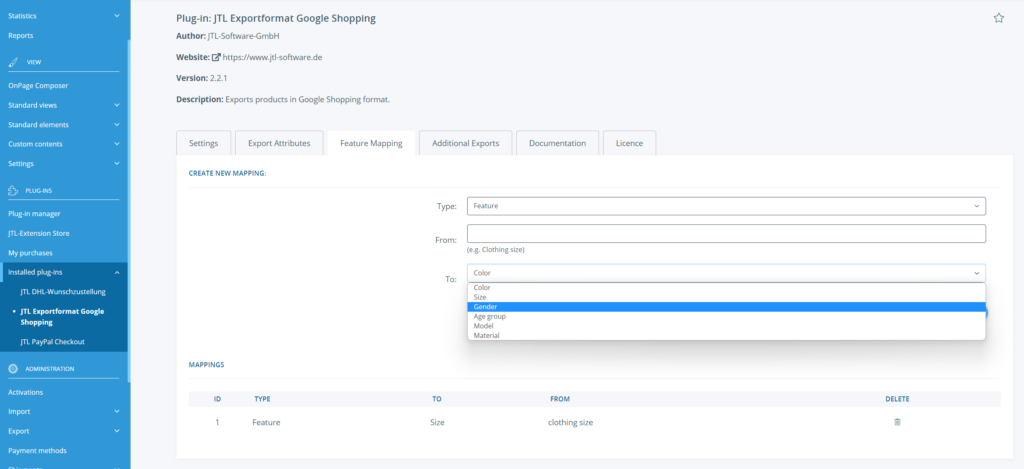 Feature mapping Google Shopping Jtl Shop 5