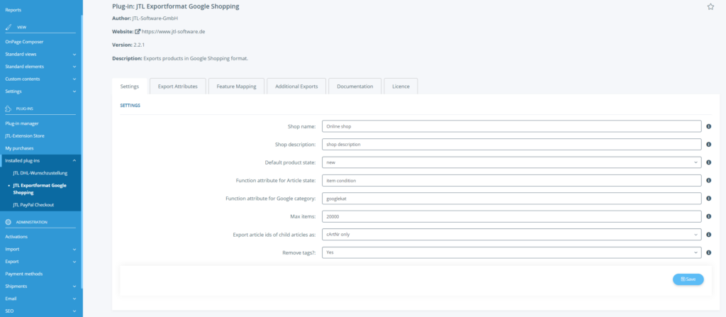Settings Google Shopping Jtl Shop 5