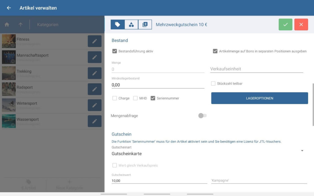 Lageroptionen für das Anlegen von Gutscheinen in JTL-POS