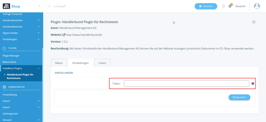 Händlerbund Token in Plugin eintragen