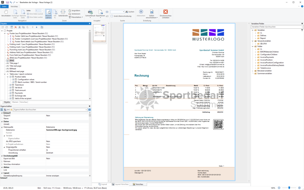 Vorschau einer Rechnung mit einem Bild im Hintergrund