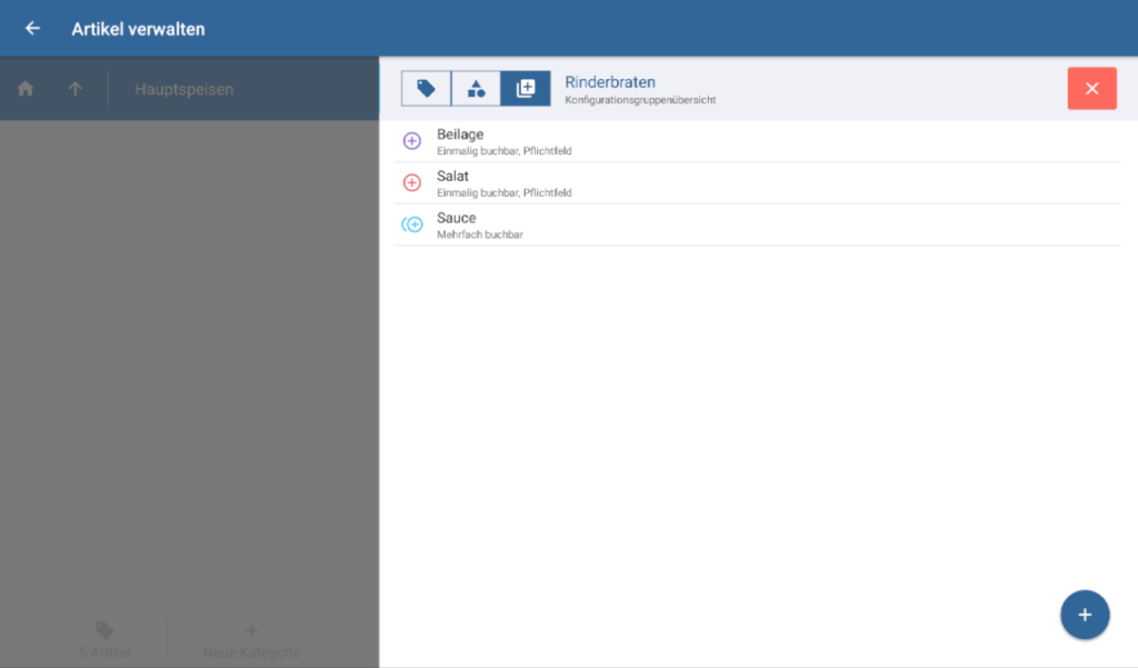 Zu einem Artikel hinzugefügte Konfigurationsgruppen in JTL-POS
