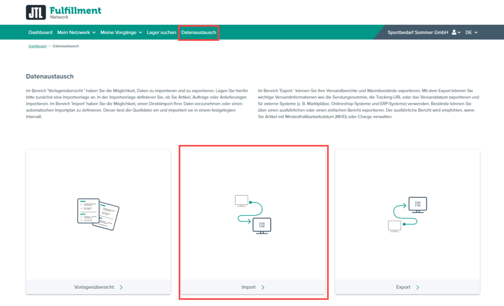 Importe im Portal vom JTL-Fulfillment Network