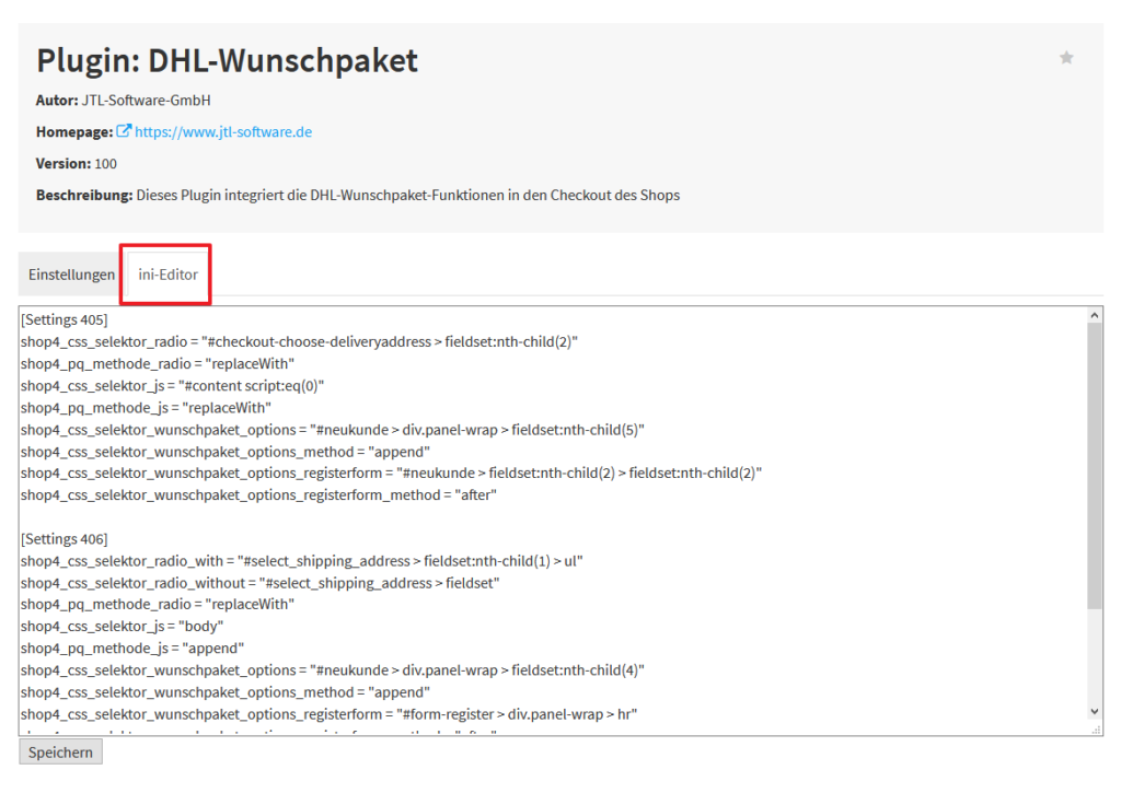 ini-Editor im DHL-Wunschpaket-Plugin für JTL-Shop