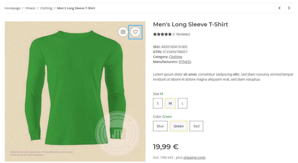 Button for placing item on wish list