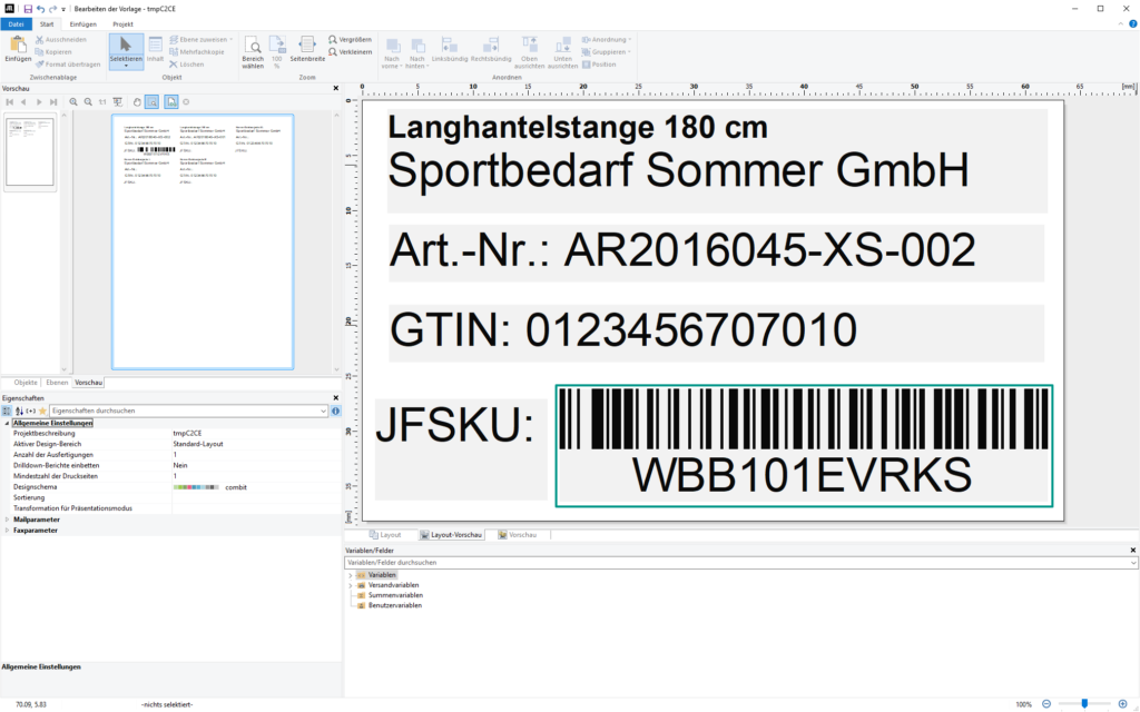 Jfsku auf einem Artikeletikett im Formulareditor