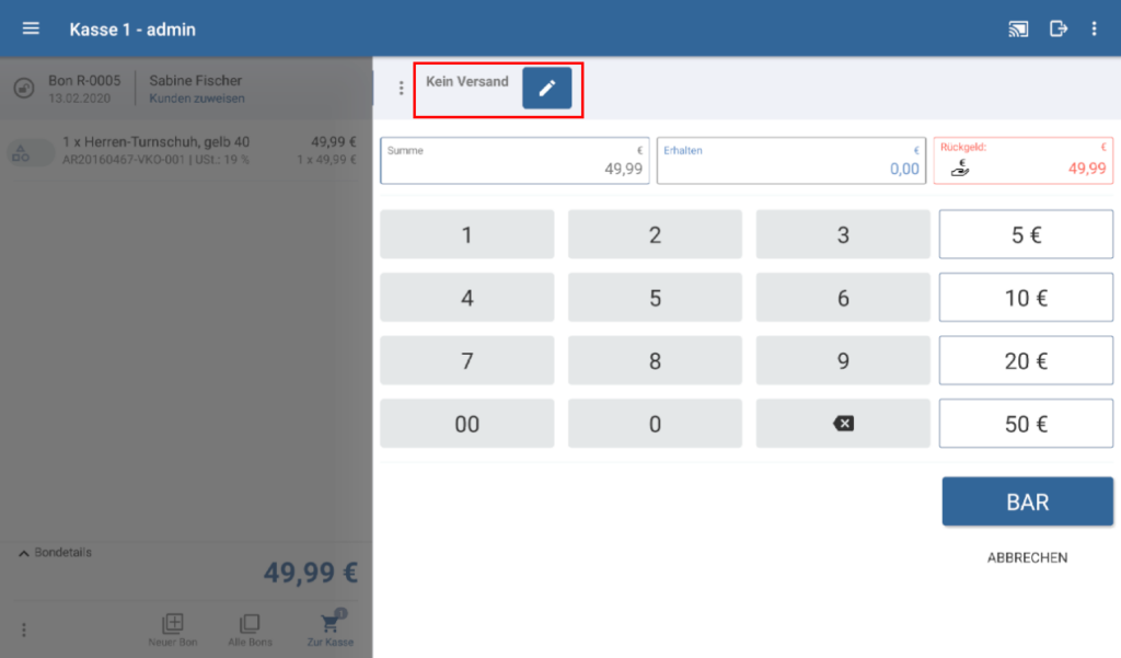 Versandart in der Kassieransicht von JTL-POS wählen