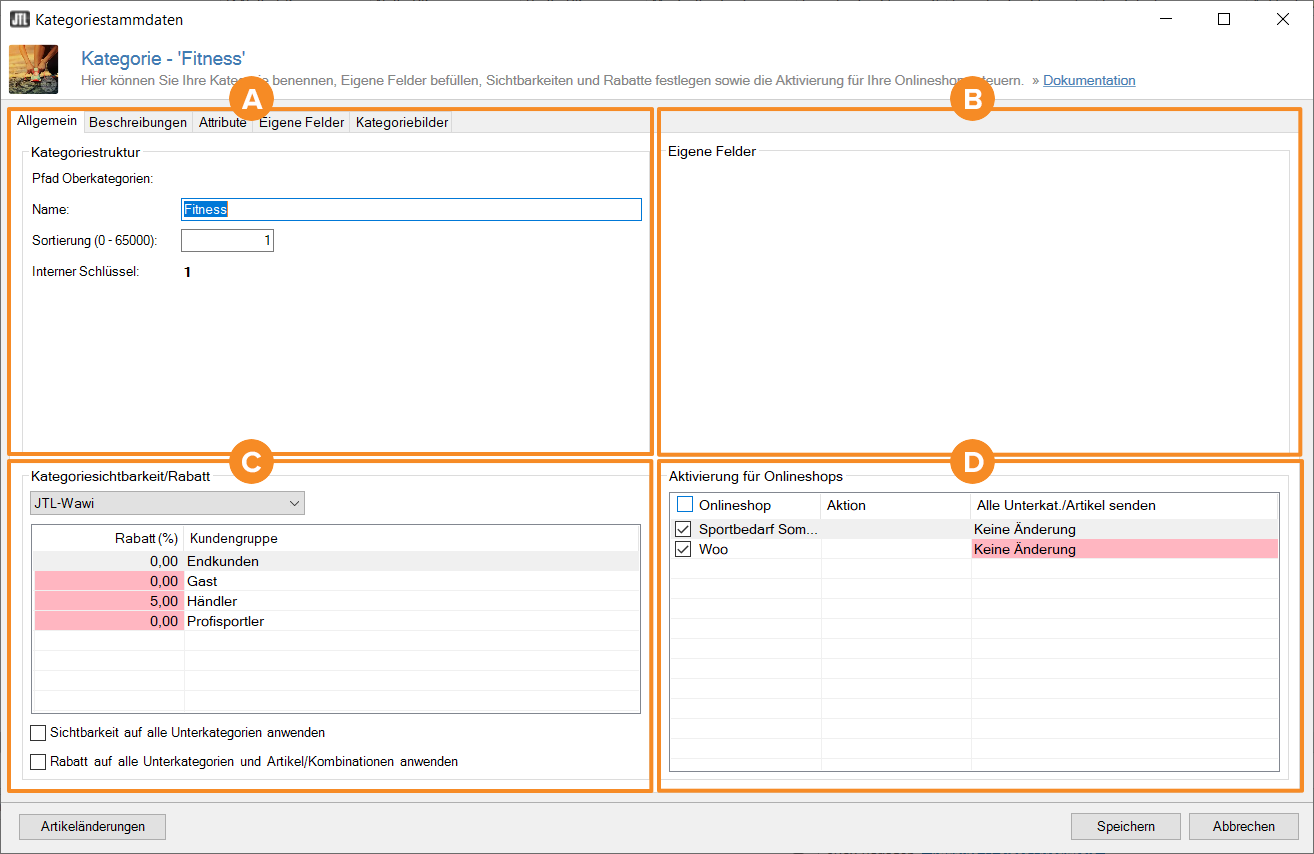 Kategoriestammdaten Uebersicht mit Buchstaben A bis D