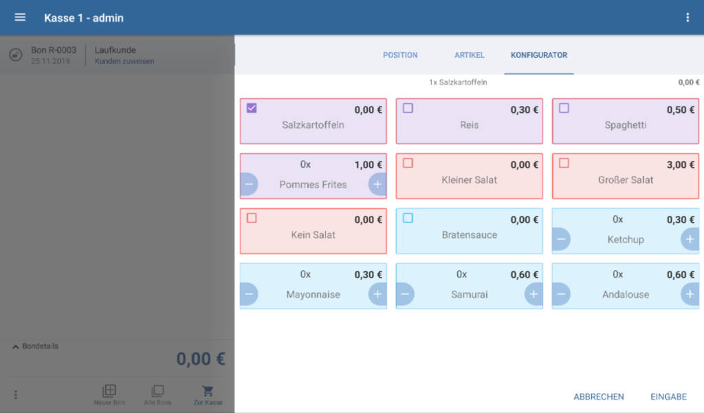 Konfigurationsartikel, der auf einen Bon gesetzt wird