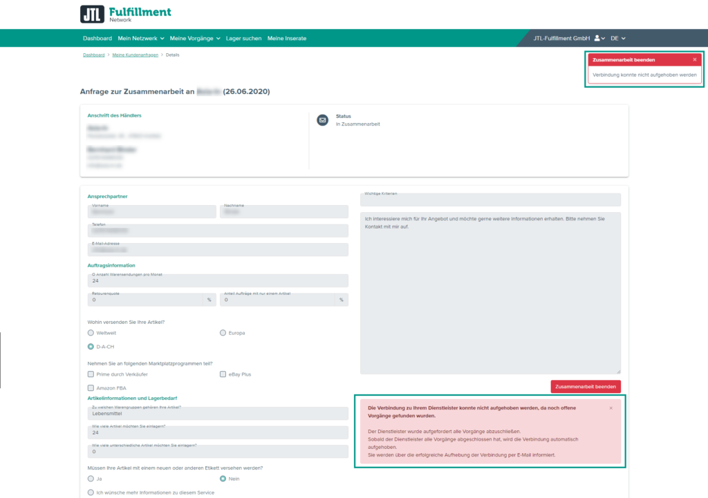 Hinweisfeld Kündigung nicht erfolgreich