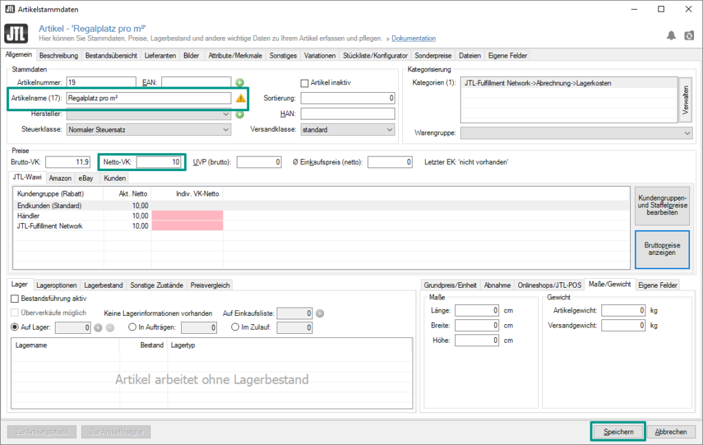 Artikelstammdaten für einen Abrechnungsartikel für Lagerkosten