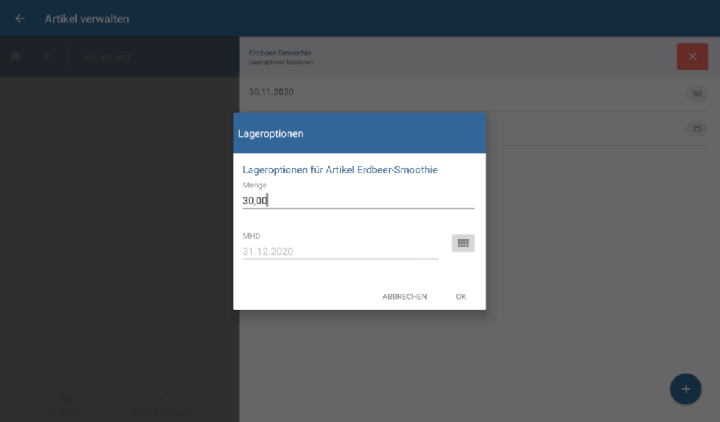 Lageroptionen für einen Artikel bearbeiten