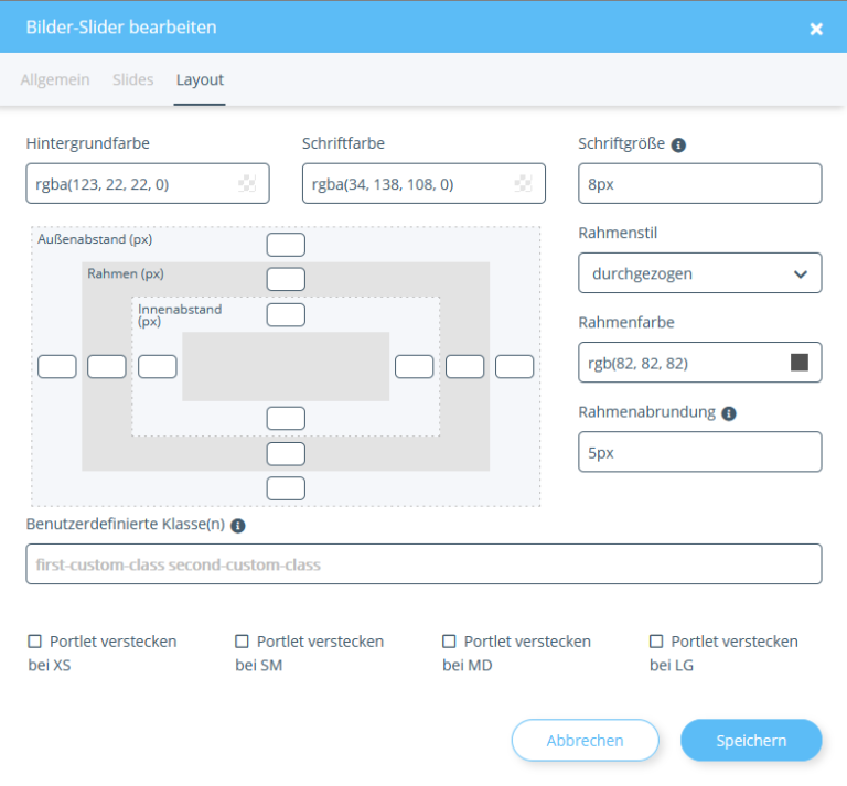 Layout für einen Slider einstellen