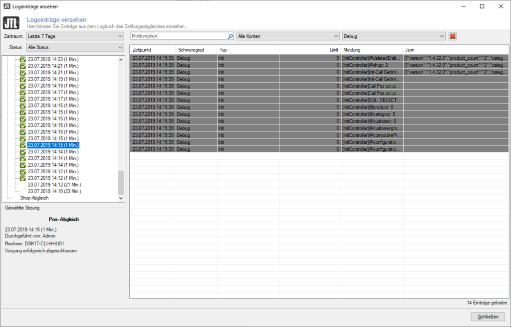 Logeinträge für den Abgleich mit JTL-POS einsehen