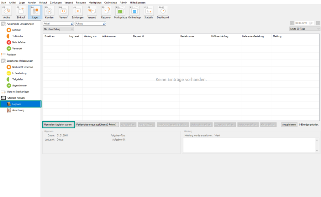 Manuellen Abgleich mit dem JTL-Fulfillment Network anstoßen