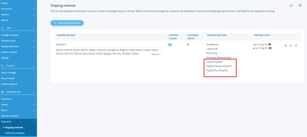 Linking shipping methods and payment methods for JTL PayPal Checkout