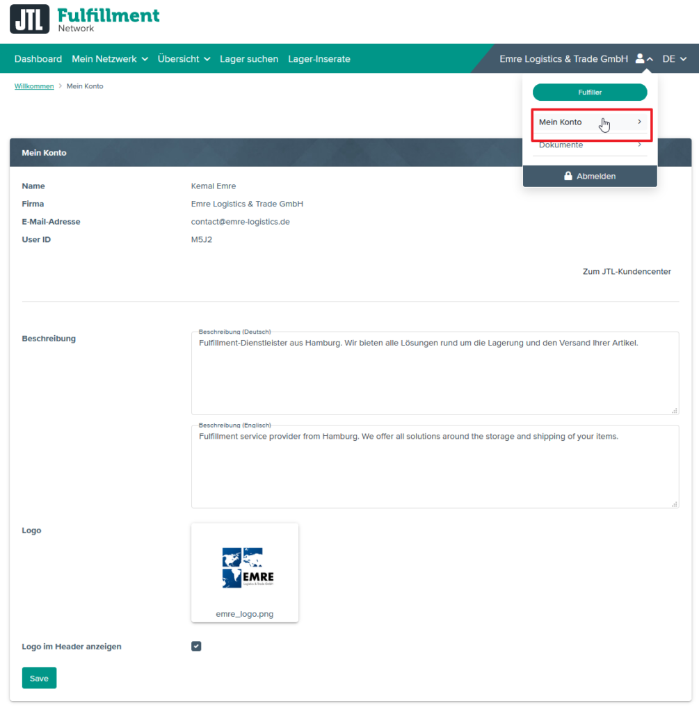 Mein Konto im JTL-Fulfillment Network