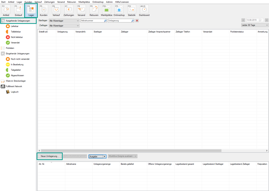Neue Umlagerung in JTL-Wawi anlegen