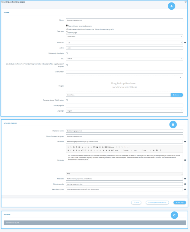 All options for creating a new page
