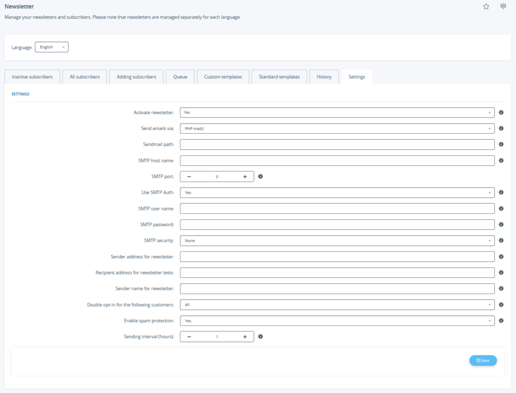 Settings for sending newsletters from JTL-Shop
