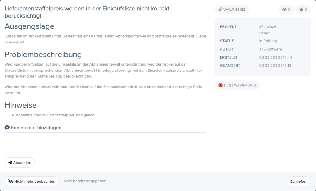 Ticket im JTL-IssueTracker nicht mehr beobachten