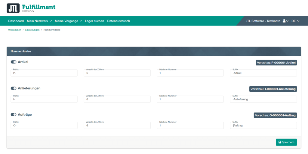 Beispiel für konfigurierte Nummernkreise im JTL-Fulfillment Network