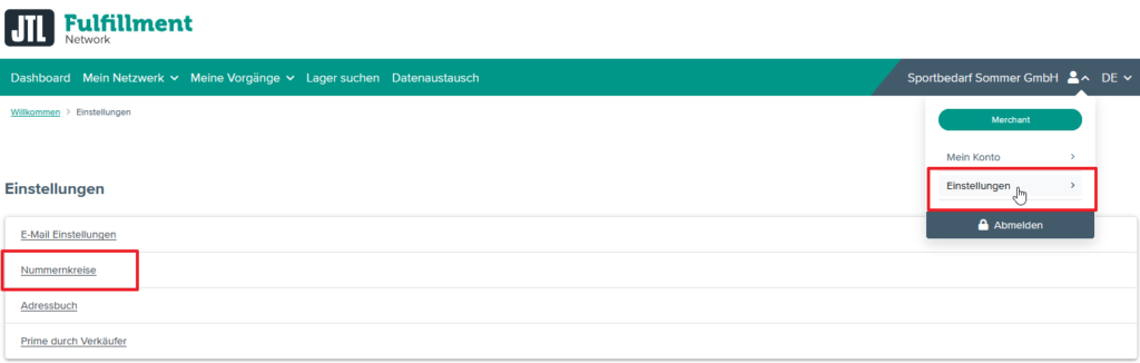 Nummernkreise über das Menü im Fulfillment-Portal öffnen