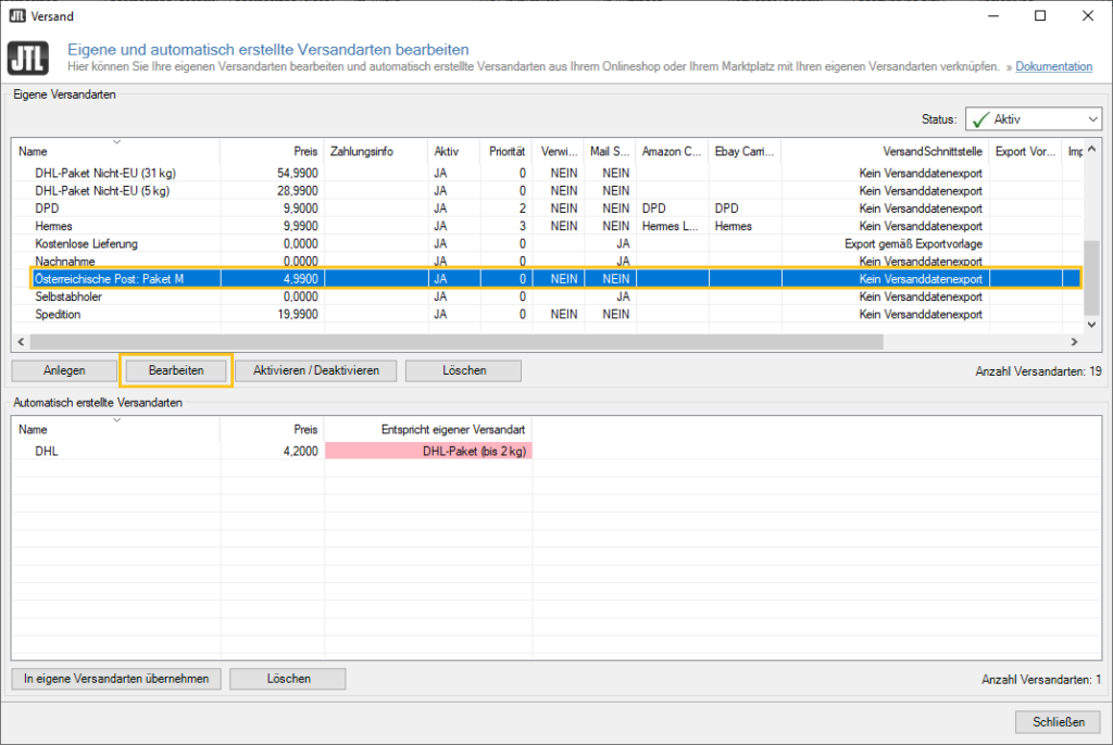 Versandart bearbeiten für Österreichische Post