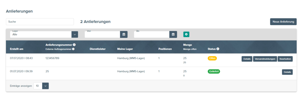 Offene Anlieferung im Portal vom JTL-Fulfillment Network