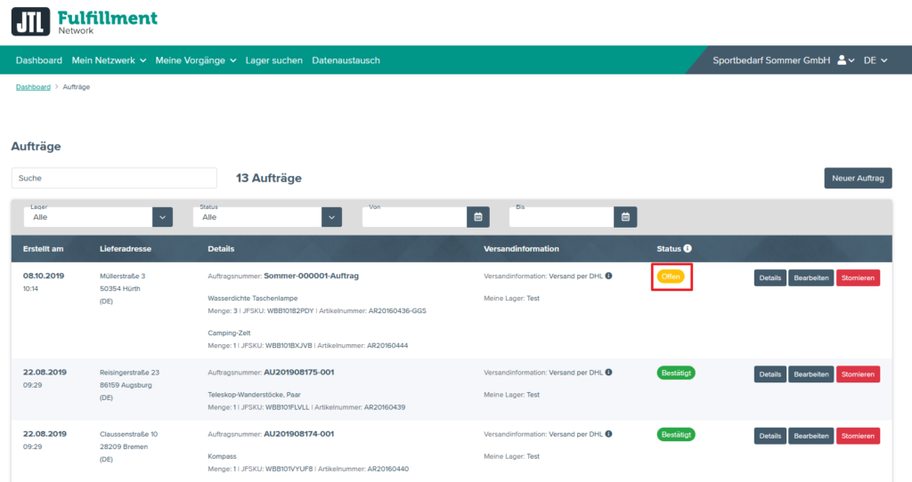 Auftrag, der noch nicht ausgeliefert wurde, im Fulfillment-Portal