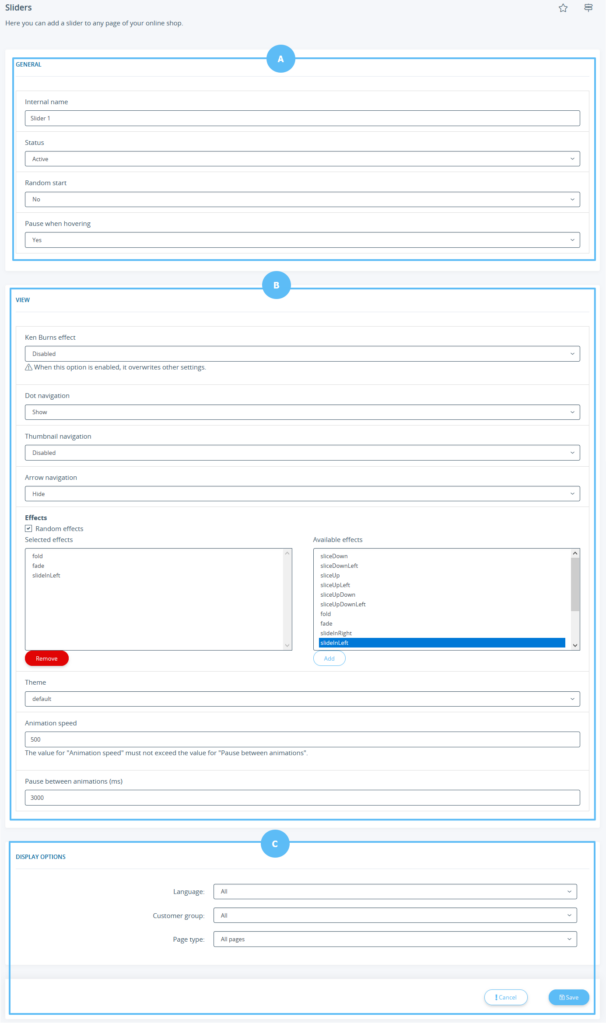 Overview of all slider options for JTL-Shop 5