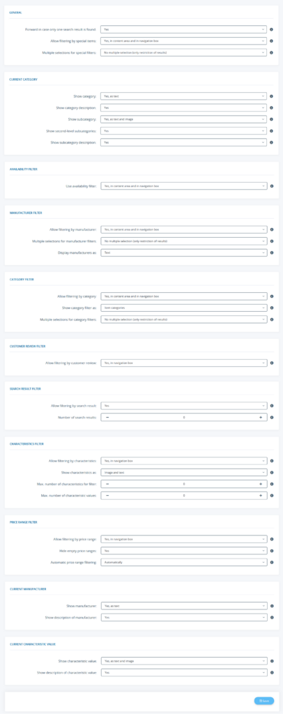 Overview of all settings for filter options in the back end of JTL-Shop 5