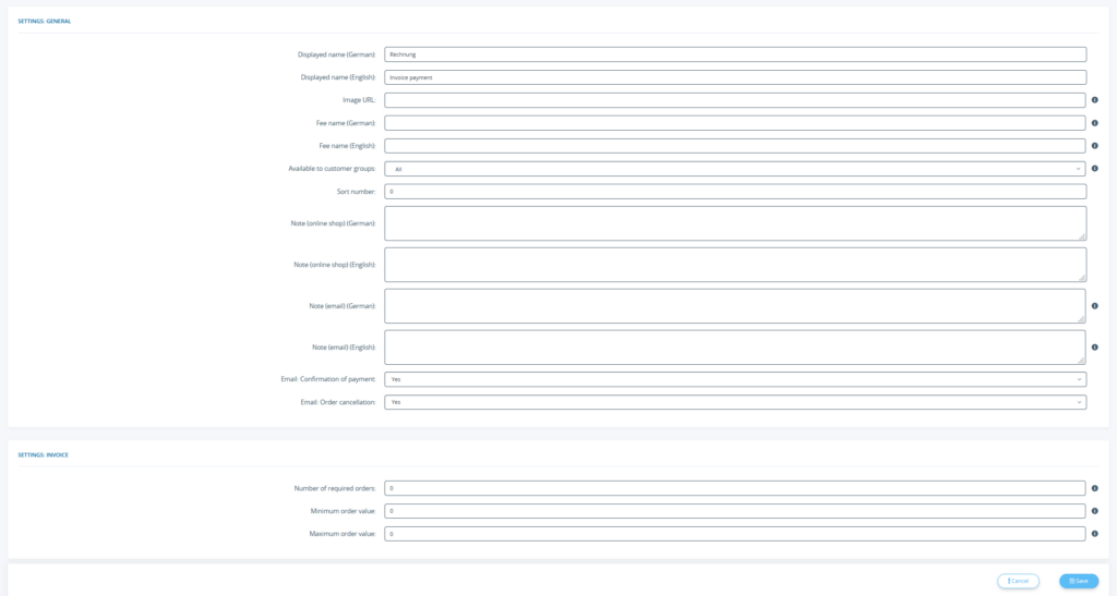 Overview of payment method options using the example of the invoice payment method in JTL-Shop 5