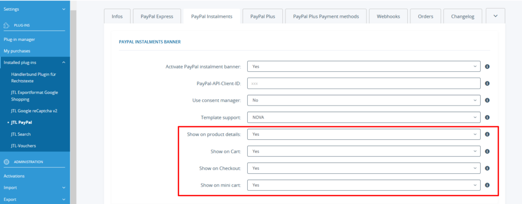 Back end settings for banner for PayPal Installments