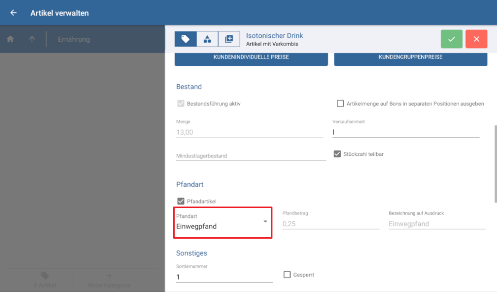 Vordefinierte Pfandart in den Artikelstammdaten von JTL-POS wählen