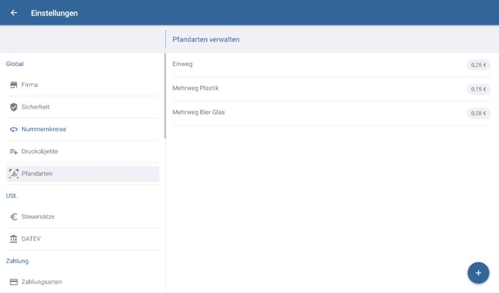 Liste der Pfandarten in JTL-POS
