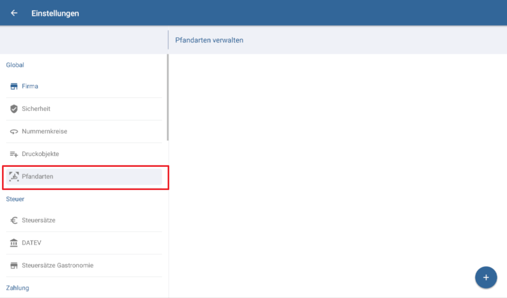 Seite „Pfandarten verwalten“ in JTL-POS