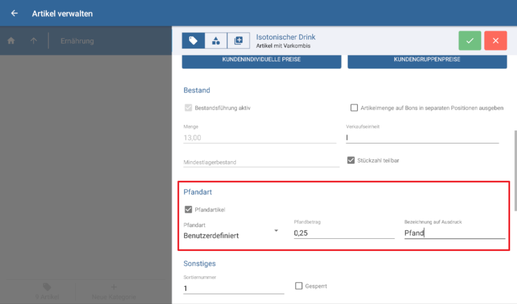 Optionen für Pfandartikel in den Artikelstammdaten von JTL-POS