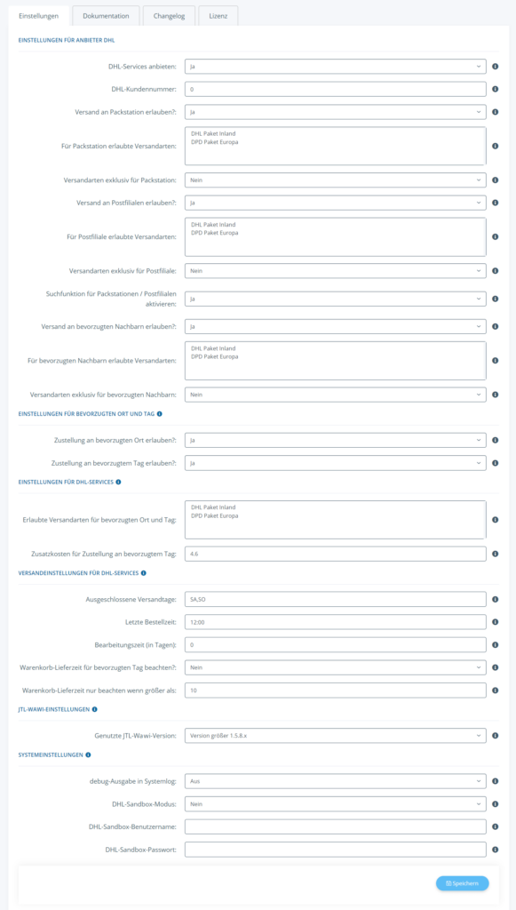 Einstellungen für das DHL-Wunschpaket Plugin
